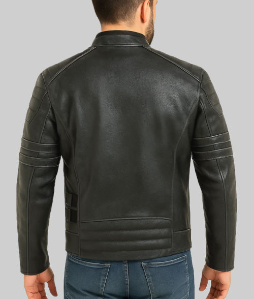 Jaxon Men's Dark Gray Distressed Padded Leather Cafe Racer Jacket-Back View