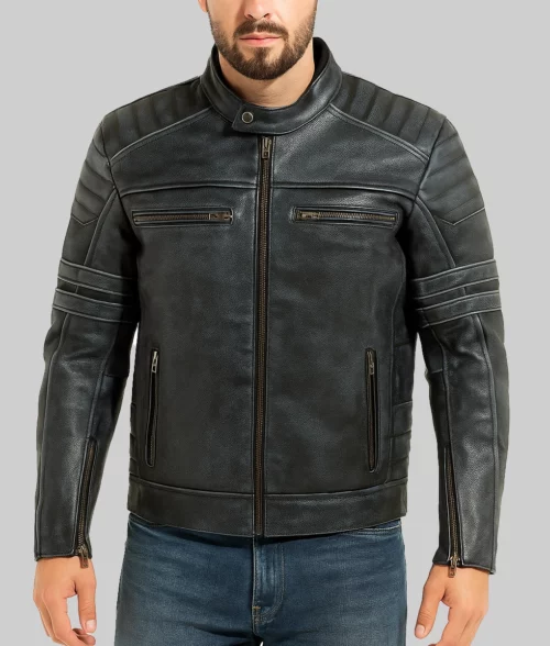 Jaxon Men's Dark Gray Distressed Padded Leather Cafe Racer Jacket-Front View