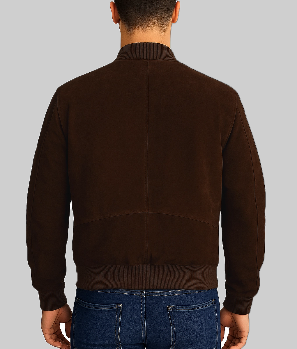 Kalel Men's Dark Brown Stylish Suede Bomber Jacket-Back View (2)