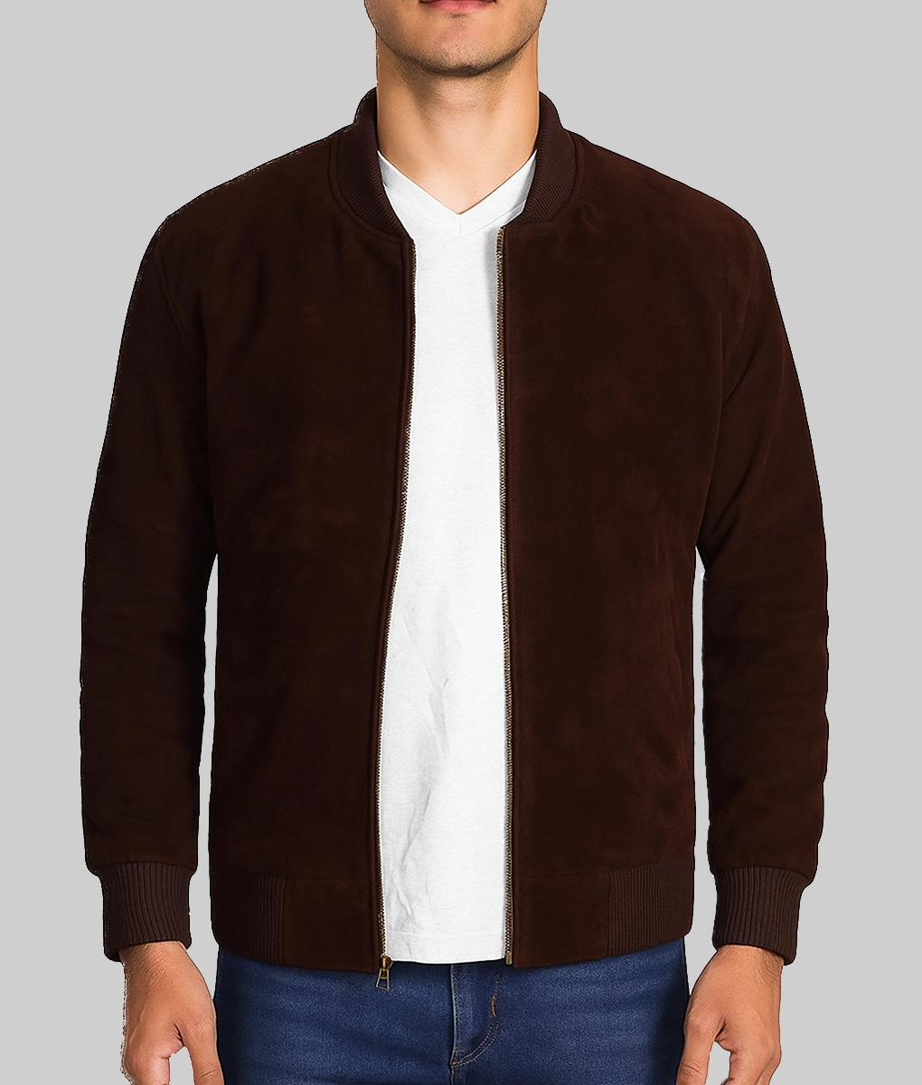 Kalel Men's Dark Brown Stylish Suede Bomber Jacket-Front View