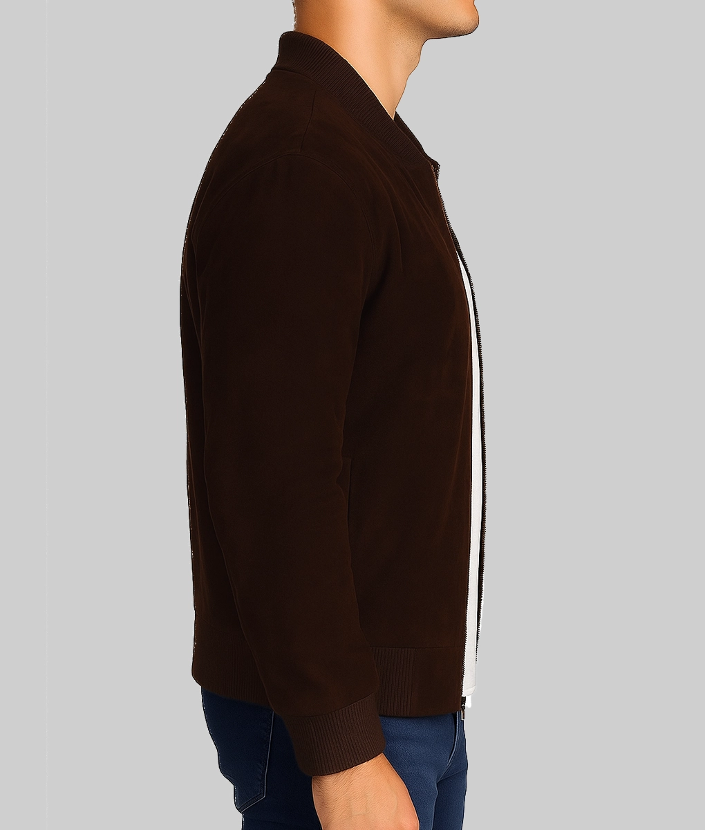 Kalel Men's Dark Brown Stylish Suede Bomber Jacket-Side View