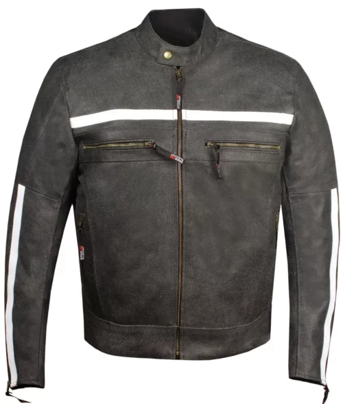 Kellan Men's Black Distressed Striped Leather Cafe Racer Jacket