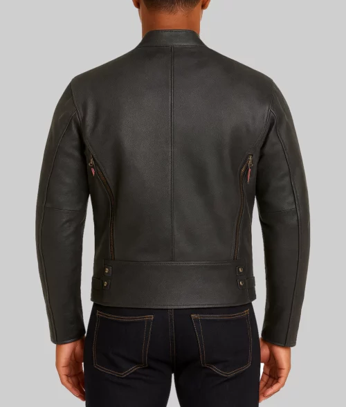 Kellan Men's Black Distressed Striped Leather Cafe Racer Jacket-Back View