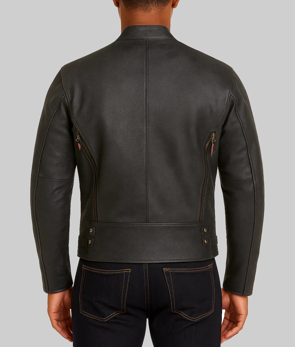Kellan Men's Black Distressed Striped Leather Cafe Racer Jacket-Back View
