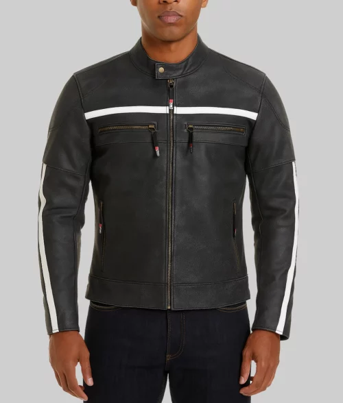 Kellan Men's Black Distressed Striped Leather Cafe Racer Jacket-Front View