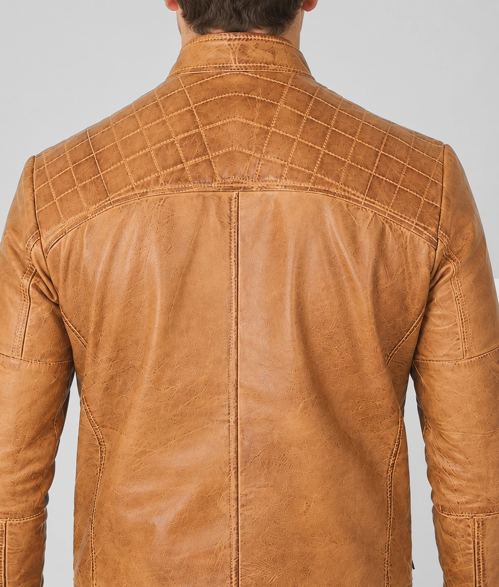Knox Men's Brown Quilted Retro Leather Cafe Racer Jacket - Back Zoom