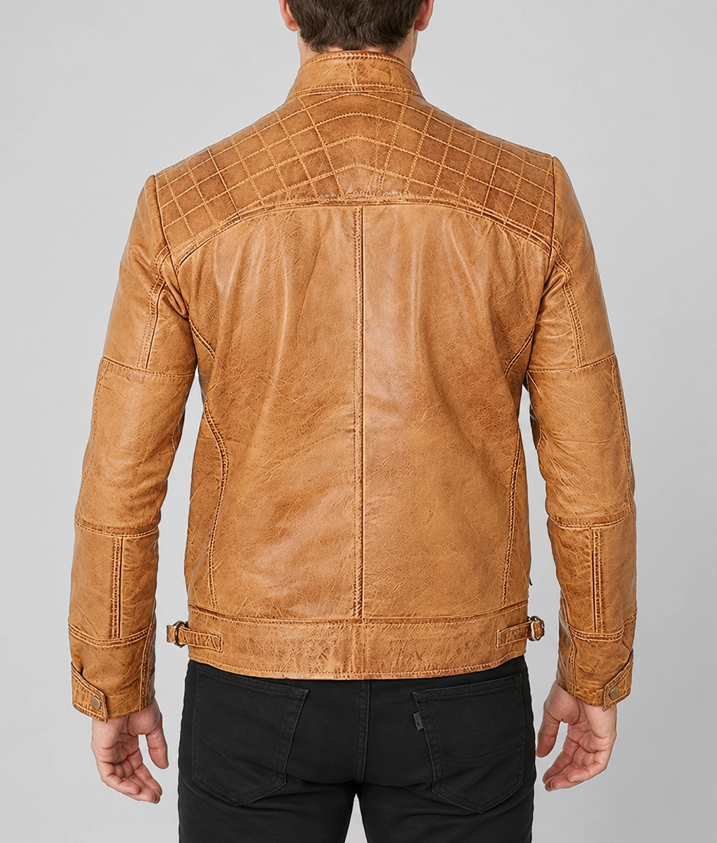 Knox Men's Brown Quilted Retro Leather Cafe Racer Jacket - Back