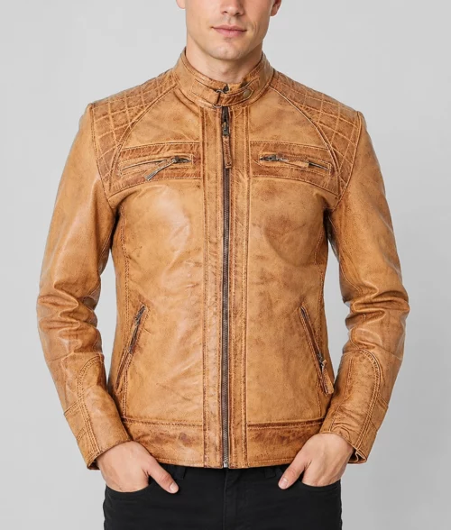 Knox Men's Brown Quilted Retro Leather Cafe Racer Jacket - Front