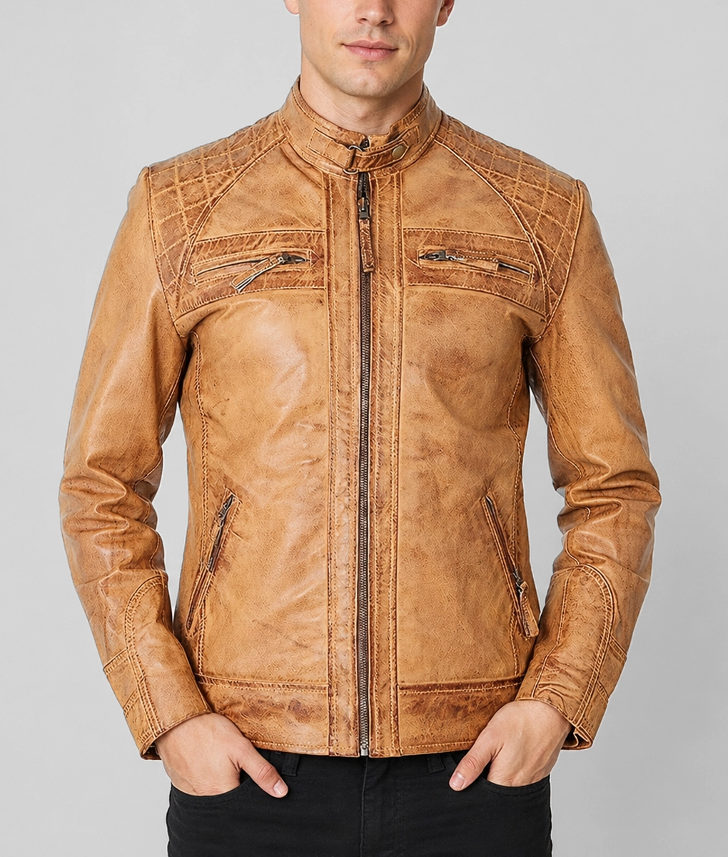 Knox Men's Brown Quilted Retro Leather Cafe Racer Jacket - Front
