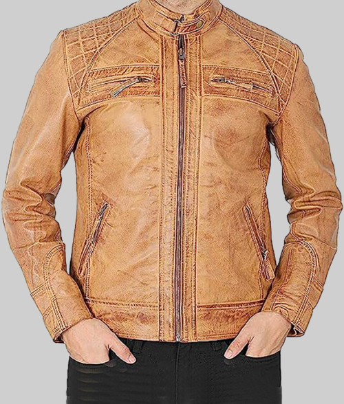 Knox Men's Brown Quilted Retro Leather Cafe Racer Jacket-FrontView