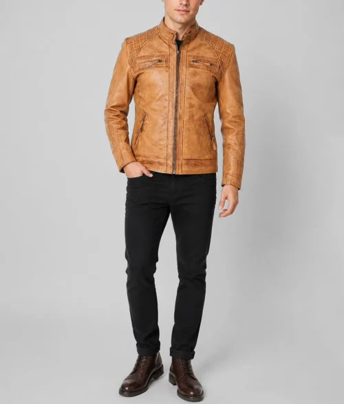 Knox Men's Brown Quilted Retro Leather Cafe Racer Jacket - Full