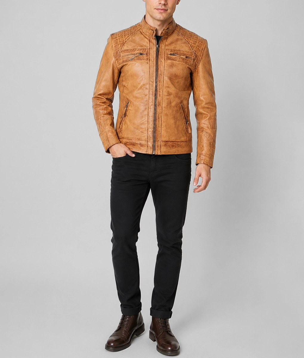 Knox Men's Brown Quilted Retro Leather Cafe Racer Jacket - Full