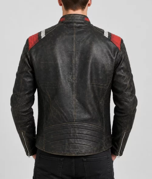 Liam Men's Black Distressed Striped Ribbed Leather Racer Jacket - Back