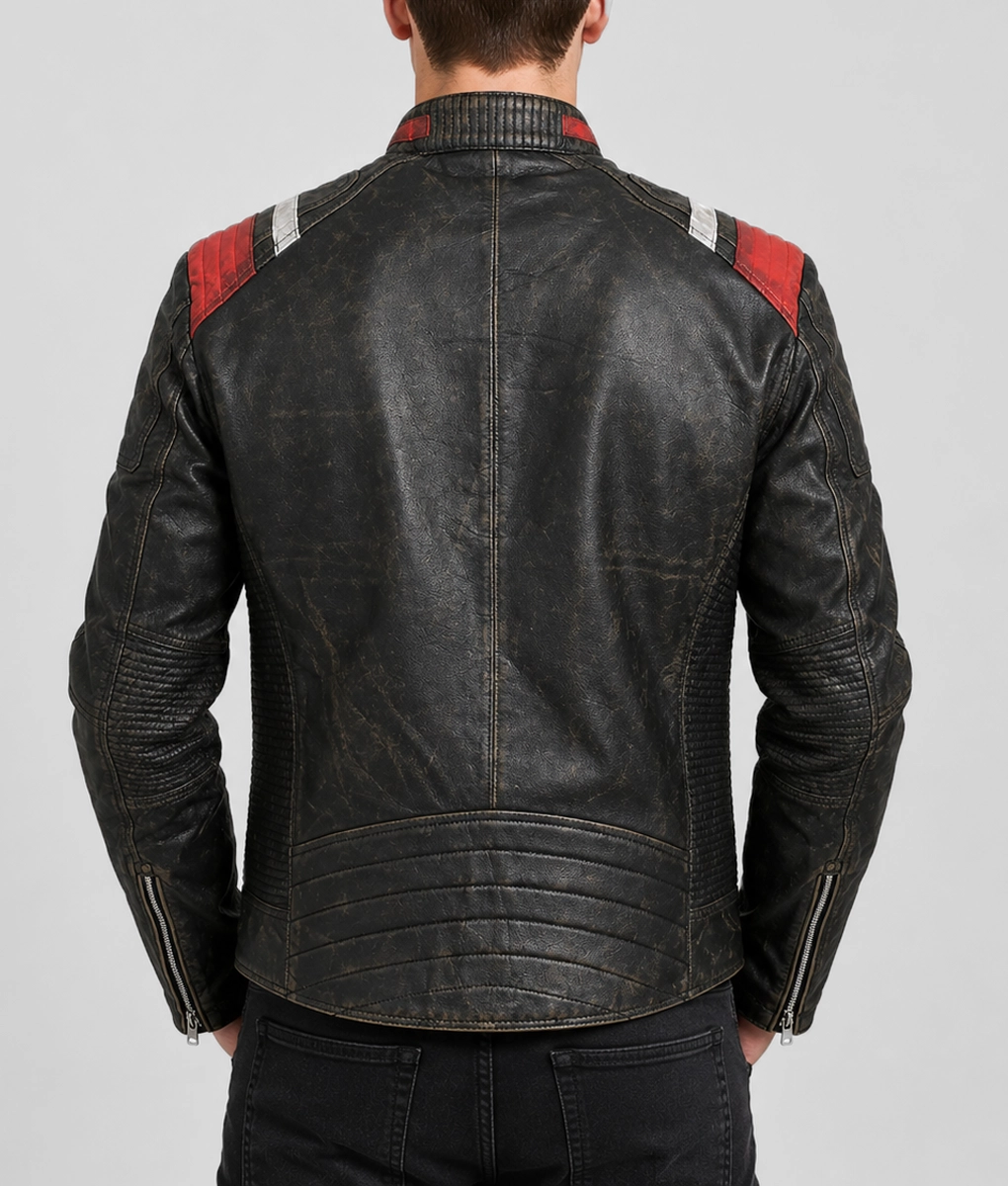 Liam Men's Black Distressed Striped Ribbed Leather Racer Jacket - Back