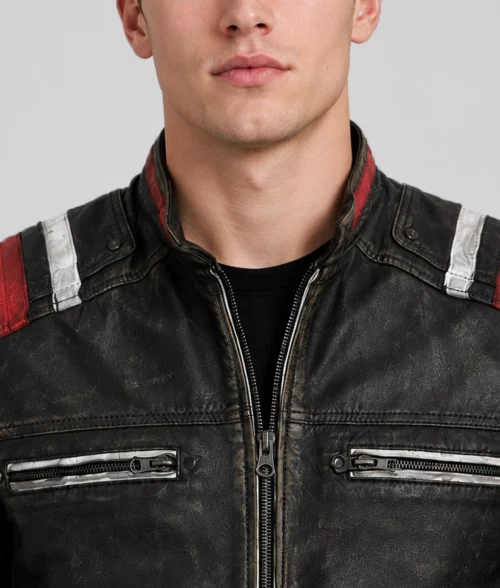 Liam Men's Black Distressed Striped Ribbed Leather Racer Jacket - Collar