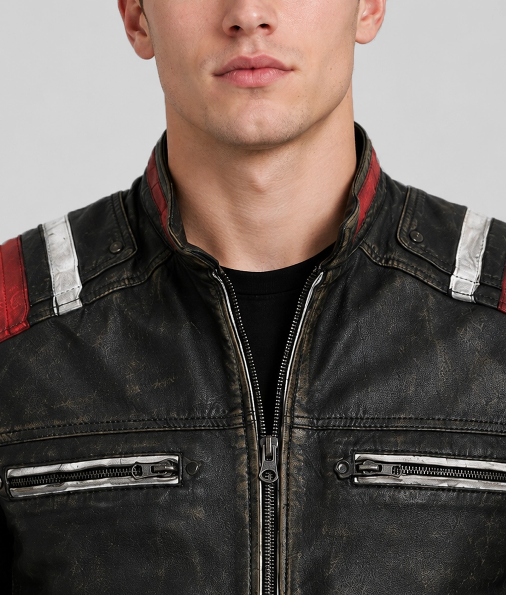 Liam Men's Black Distressed Striped Ribbed Leather Racer Jacket - Collar