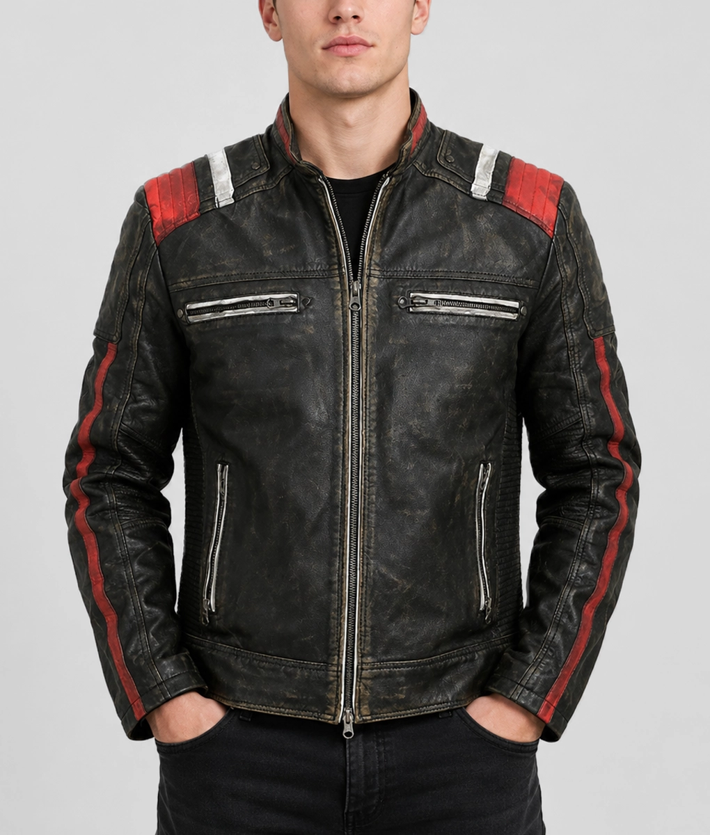 Liam Men's Black Distressed Striped Ribbed Leather Racer Jacket - Front