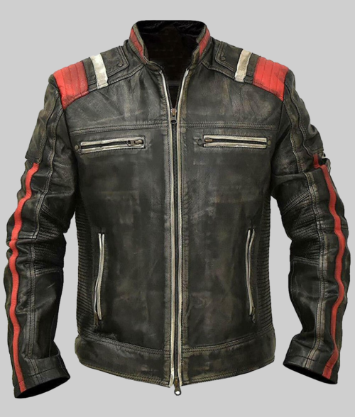 Liam Men's Black Distressed Striped Ribbed Leather Racer Jacket-FrontView