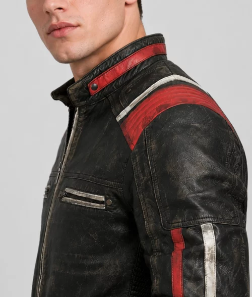 Liam Men's Black Distressed Striped Ribbed Leather Racer Jacket - Shoulder
