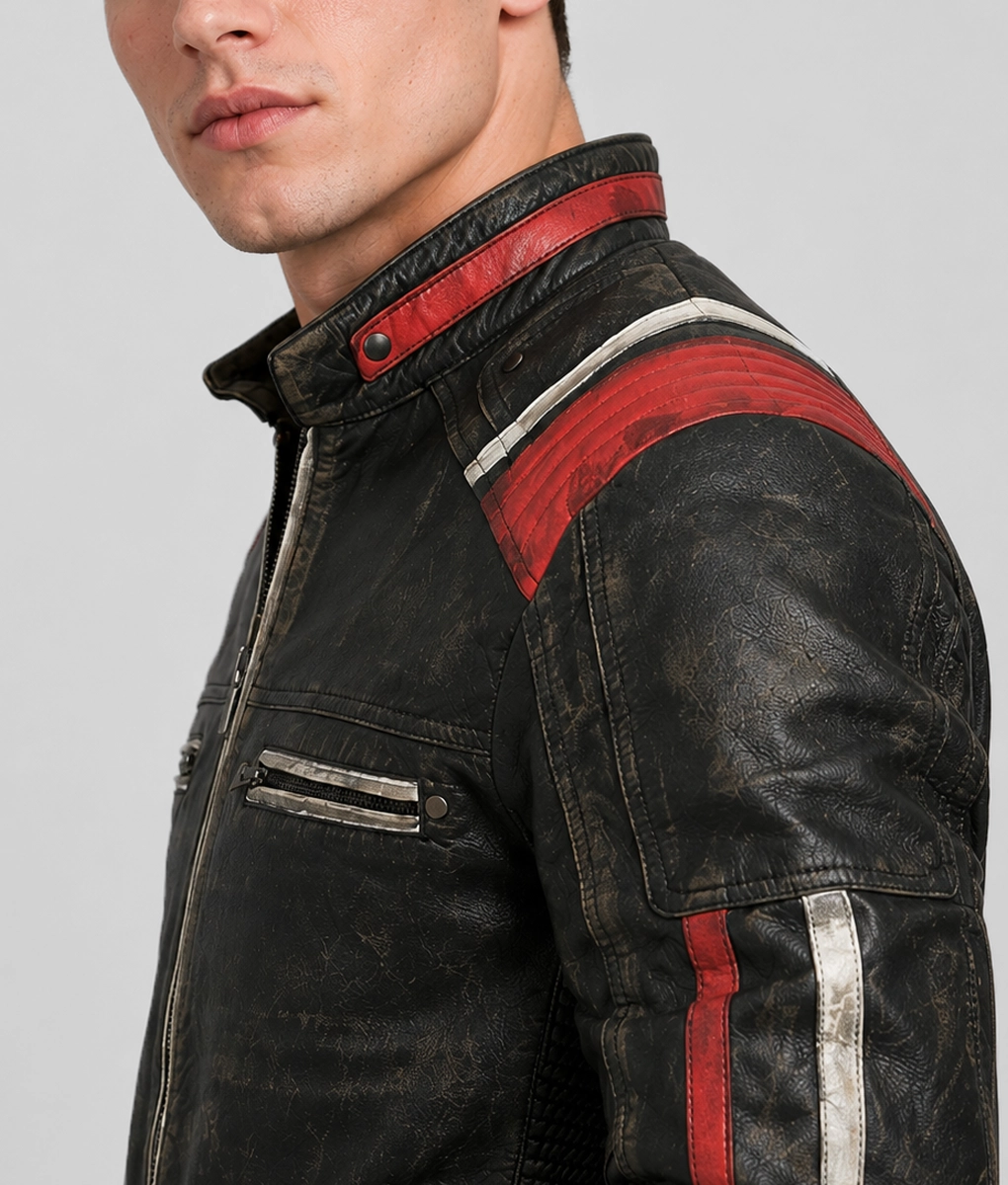 Liam Men's Black Distressed Striped Ribbed Leather Racer Jacket - Shoulder