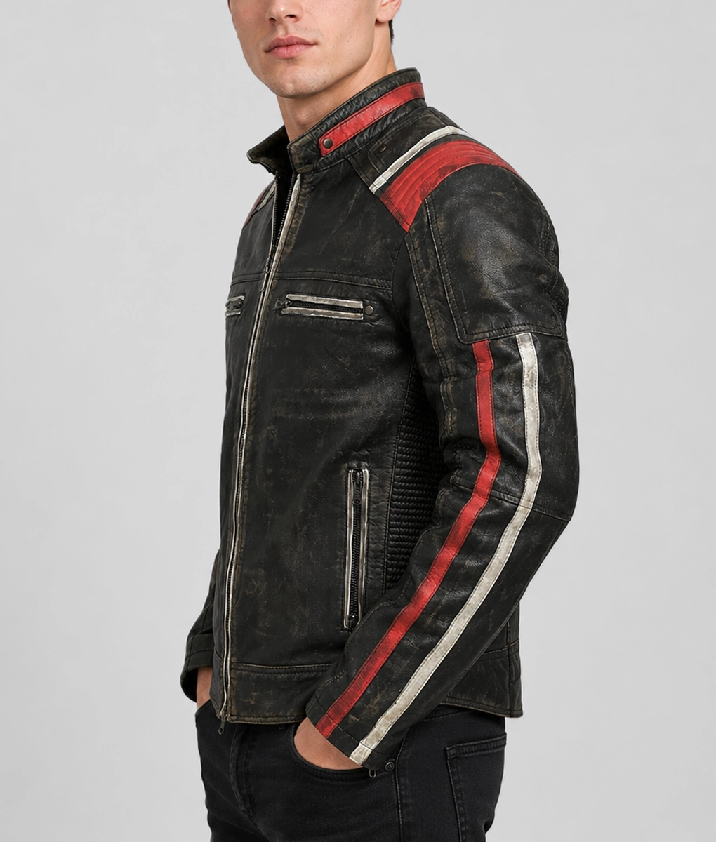 Liam Men's Black Distressed Striped Ribbed Leather Racer Jacket - Side