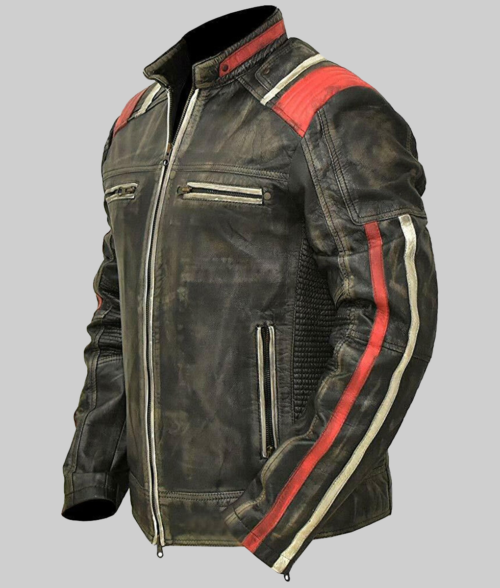 Liam Men's Black Distressed Striped Ribbed Leather Racer Jacket-SideView