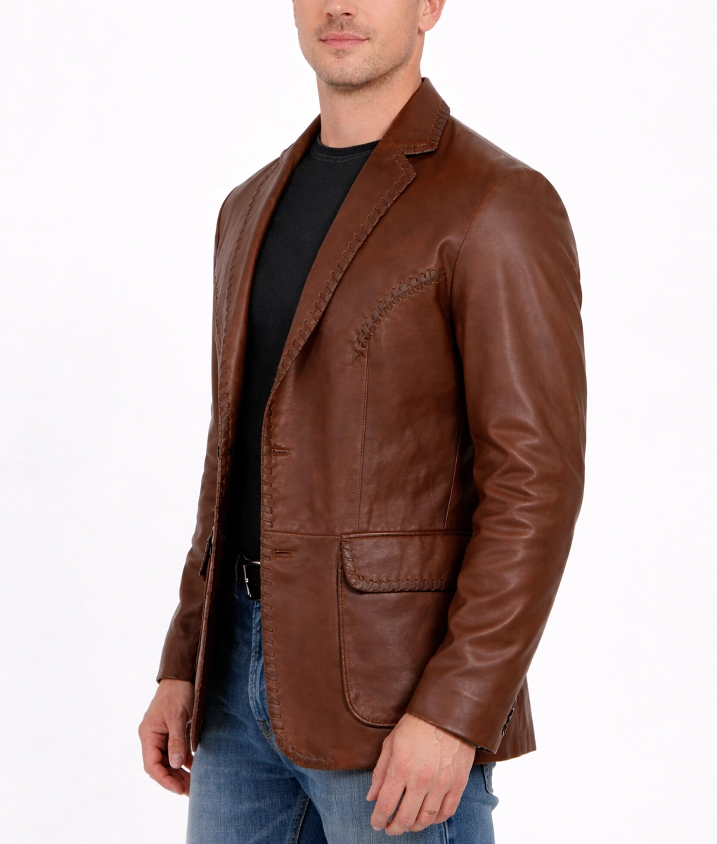 Luke Men's Brown Classic Western Leather Blazer | Men's Brown Western Leather Blazer-2