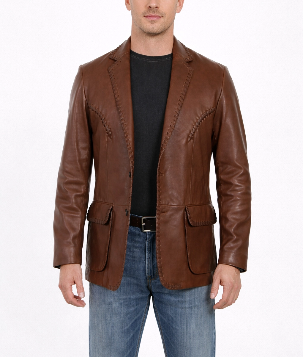 Luke Men's Brown Classic Western Leather Blazer | Men's Brown Western Leather Blazer-5