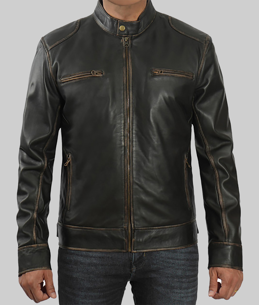 Marlon Men's Dark Brown Distressed Cafe Racer Leather Jacket-FrontView1