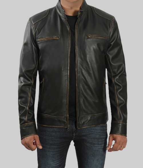 Marlon Men's Dark Brown Distressed Cafe Racer Leather Jacket-FrontView2