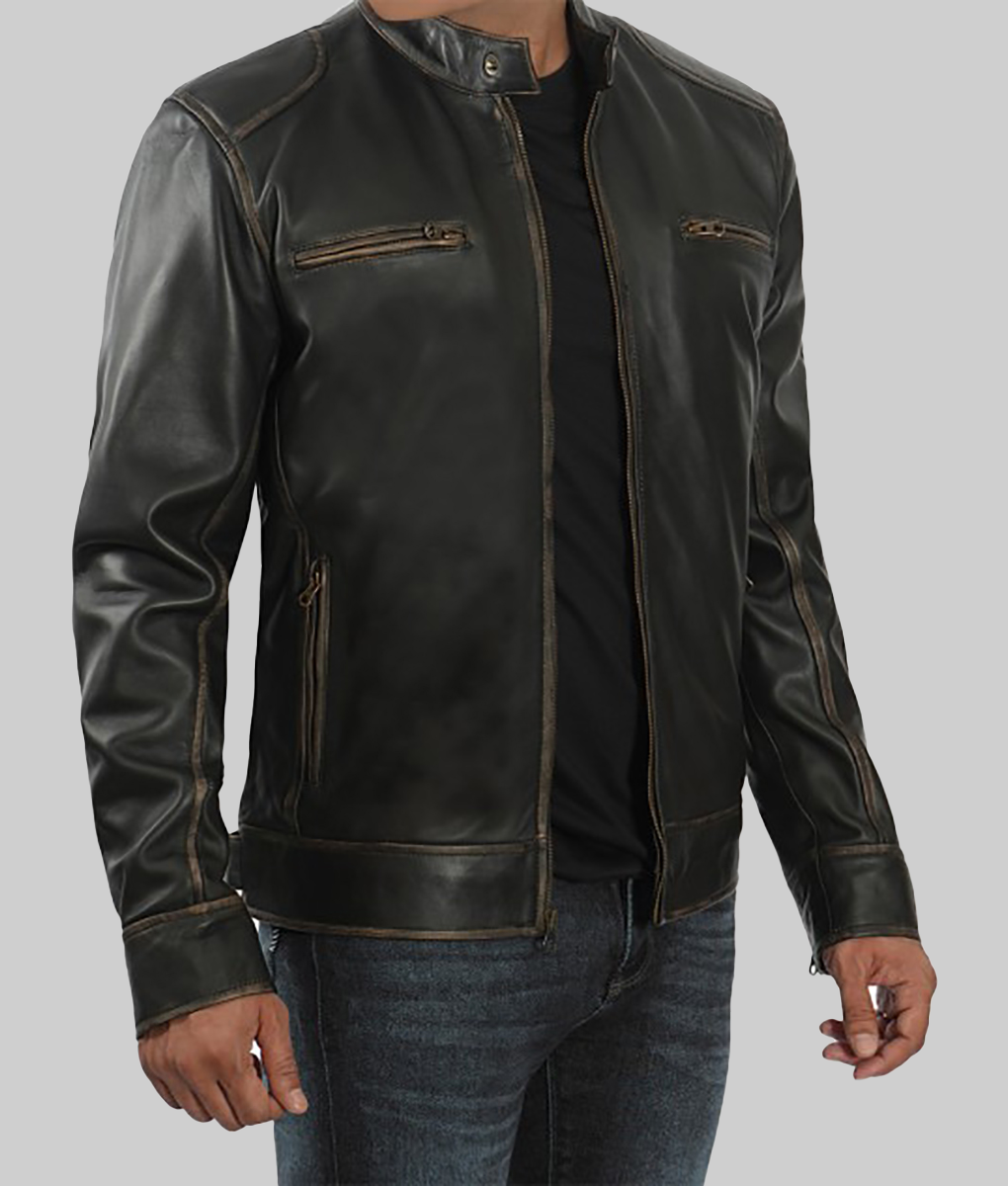 Marlon Men's Dark Brown Distressed Cafe Racer Leather Jacket-SideView