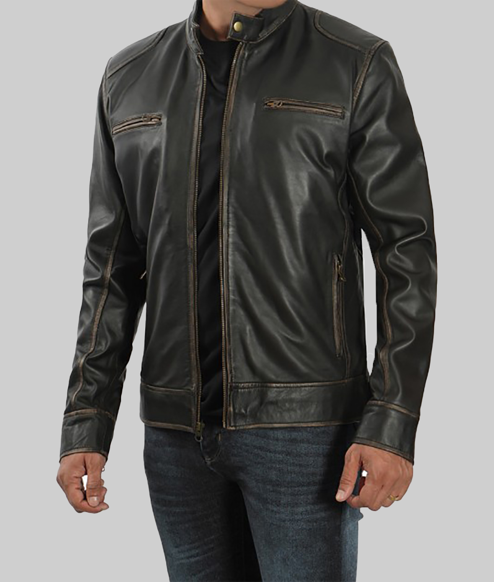Marlon Men's Dark Brown Distressed Cafe Racer Leather Jacket-SideView1