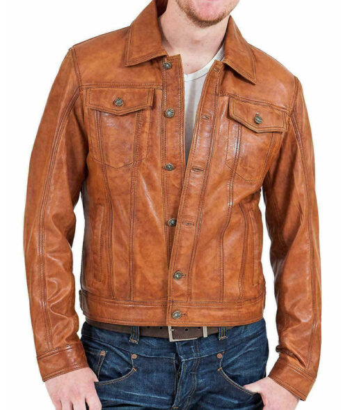 Max Men's Brown Distressed Fitted Leather Trucker Jacket