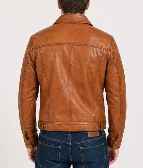 Max Men's Brown Distressed Fitted Leather Trucker Jacket - Back