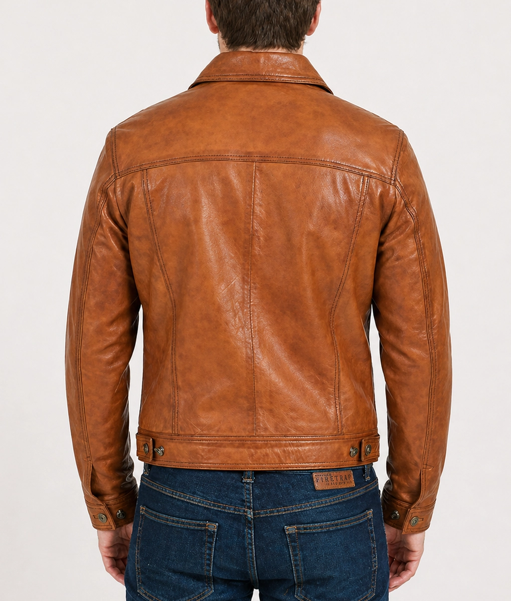 Max Men's Brown Distressed Fitted Leather Trucker Jacket - Back