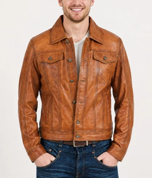 Max Men's Brown Distressed Fitted Leather Trucker Jacket - Front