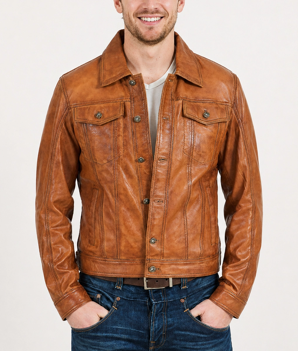 Max Men's Brown Distressed Fitted Leather Trucker Jacket - Front