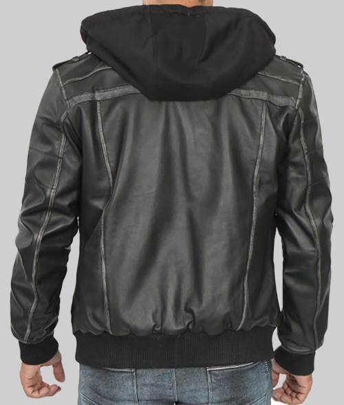 Maxton Men's Black Hooded Leather Bomber Jacket-BackView