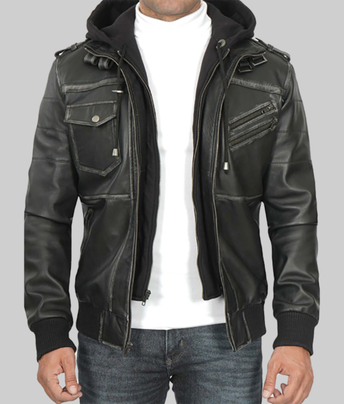 Maxton Men's Black Hooded Leather Bomber Jacket-FrontView2 (2)