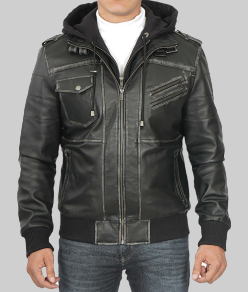 Maxton Men's Black Hooded Leather Bomber Jacket-FrontView3