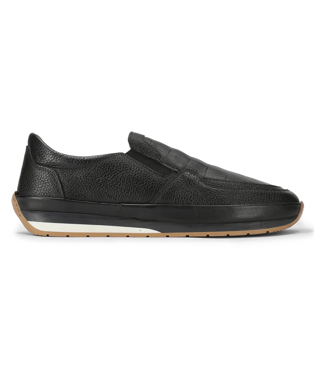 Men's Black Leather Casual Crocodile Style Slip-on Loafers