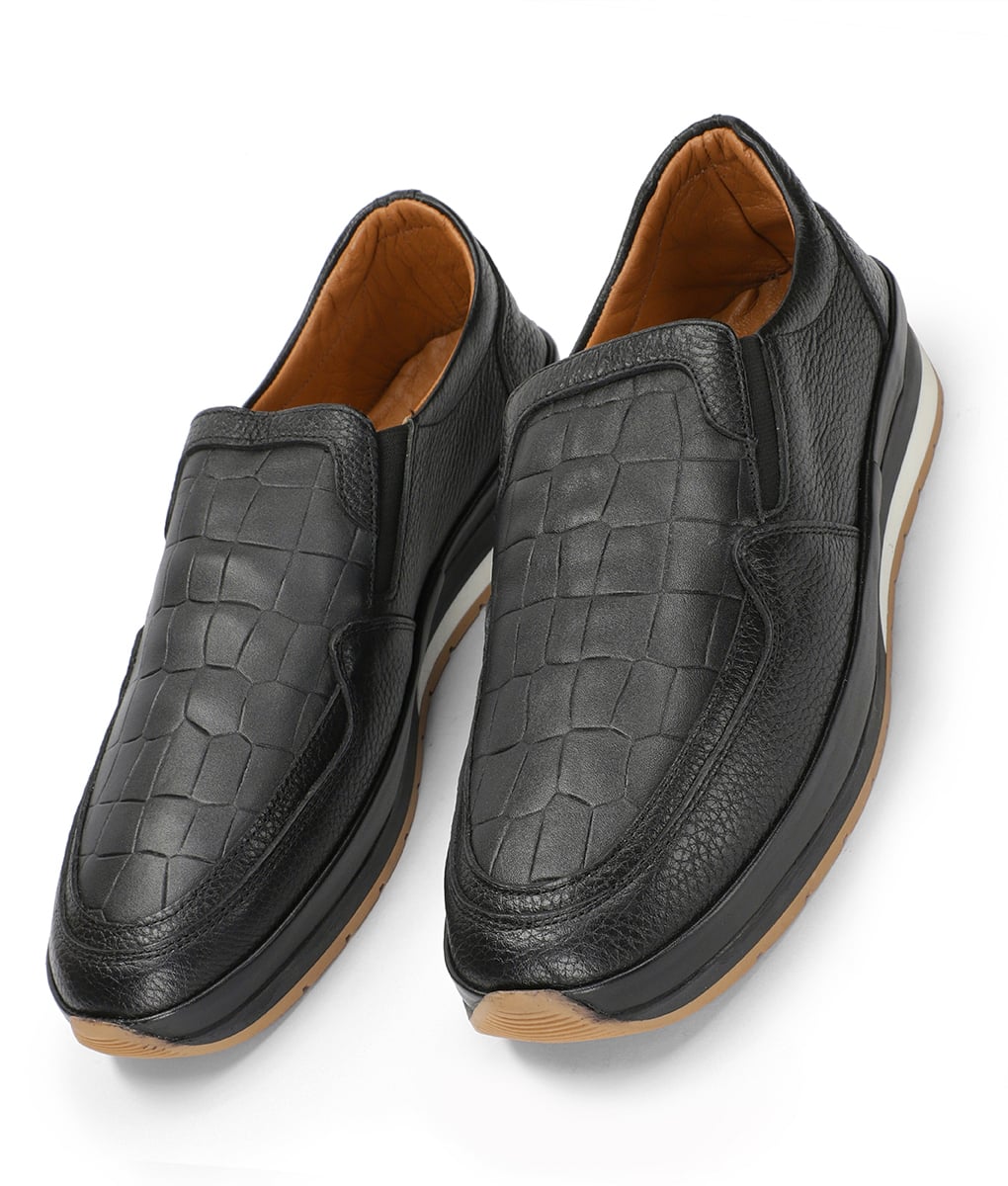 Men's Black Leather Casual Crocodile Style Slip-on Loafers