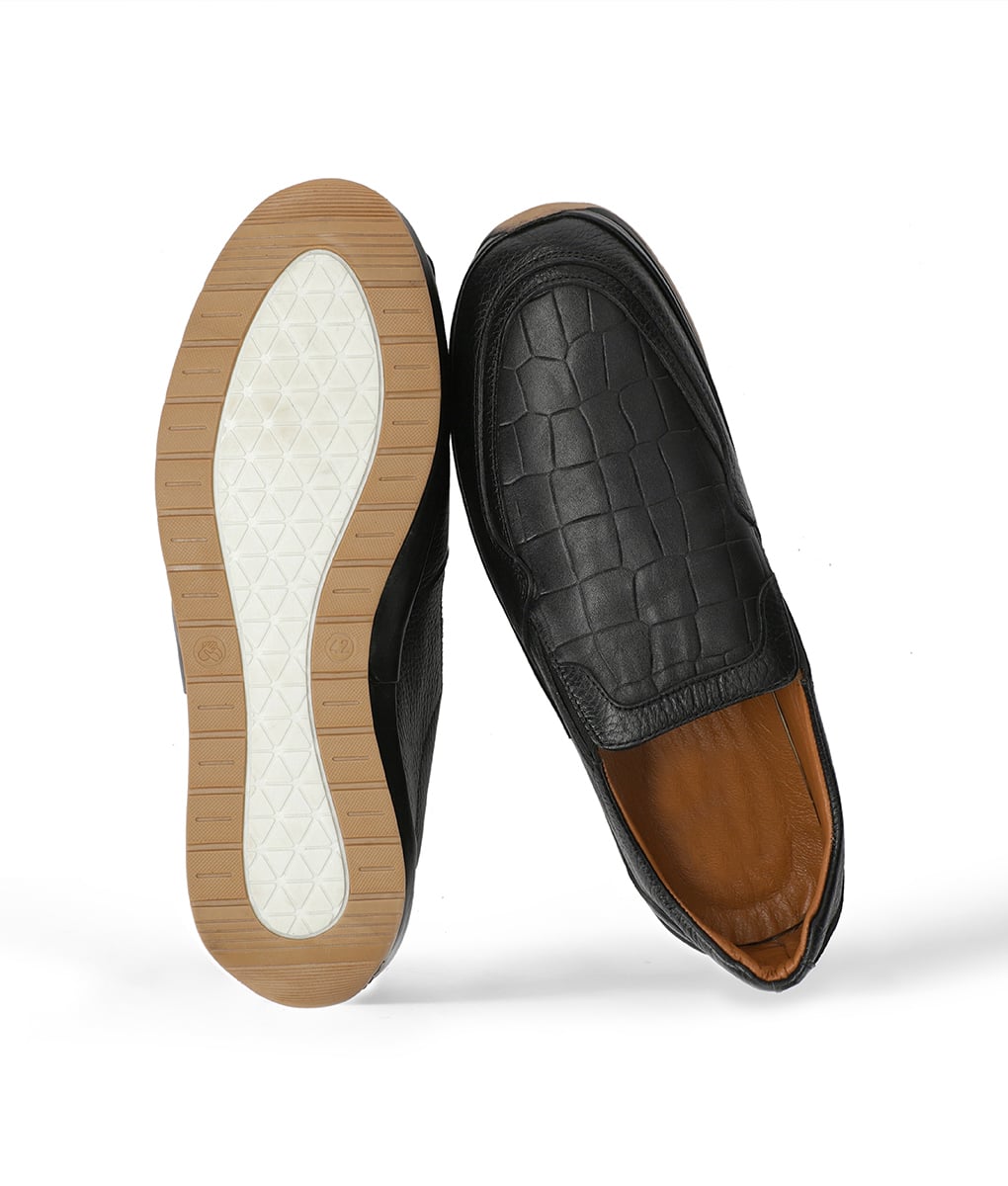 Men's Black Leather Casual Crocodile Style Slip-on Loafers