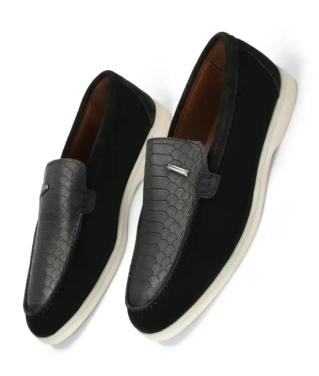 Men's Black Leather Crocodile Style Casual Slip-on Loafers