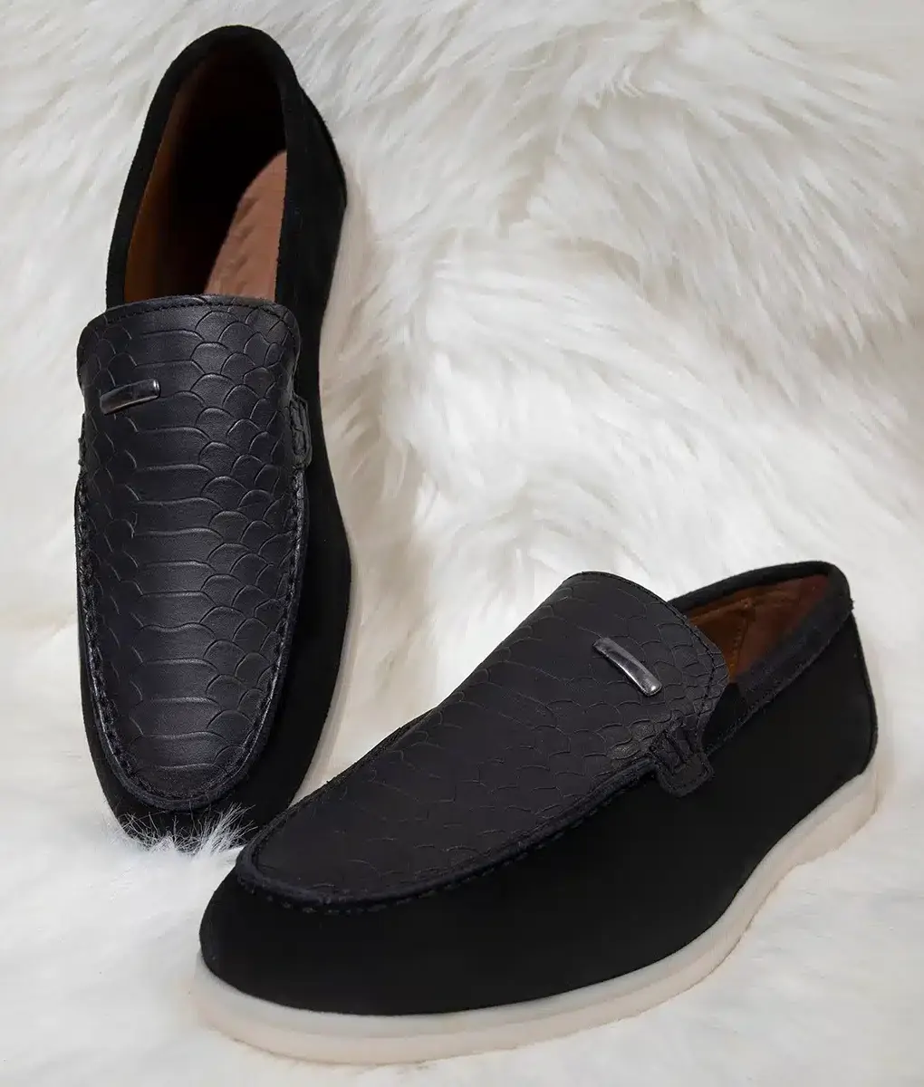 Men's Black Leather Crocodile Style Casual Slip-on Loafers