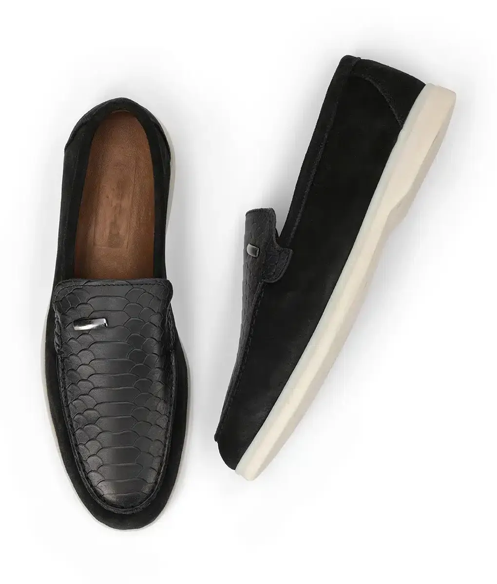 Men's Black Leather Crocodile Style Casual Slip-on Loafers