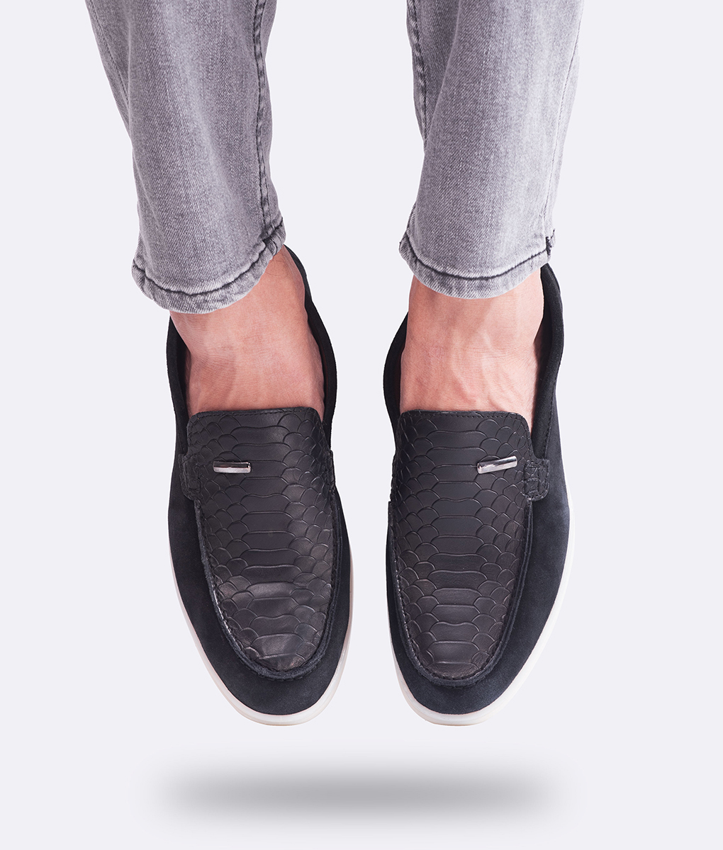 Crocodile Mens Black Suede Leather Loafer