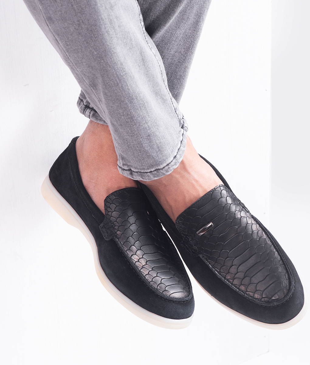 Men's Black Leather Crocodile Style Casual Slip-on Loafers