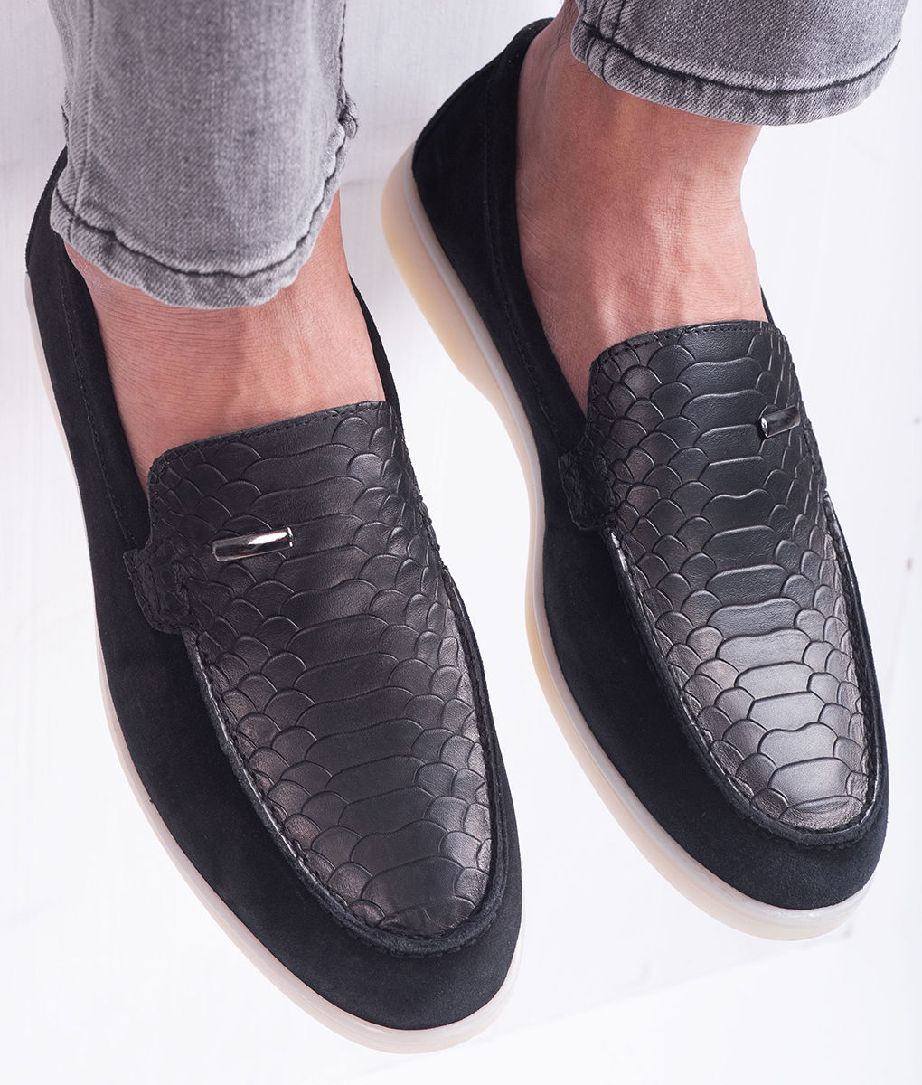 Men's Black Leather Crocodile Style Casual Slip-on Loafers