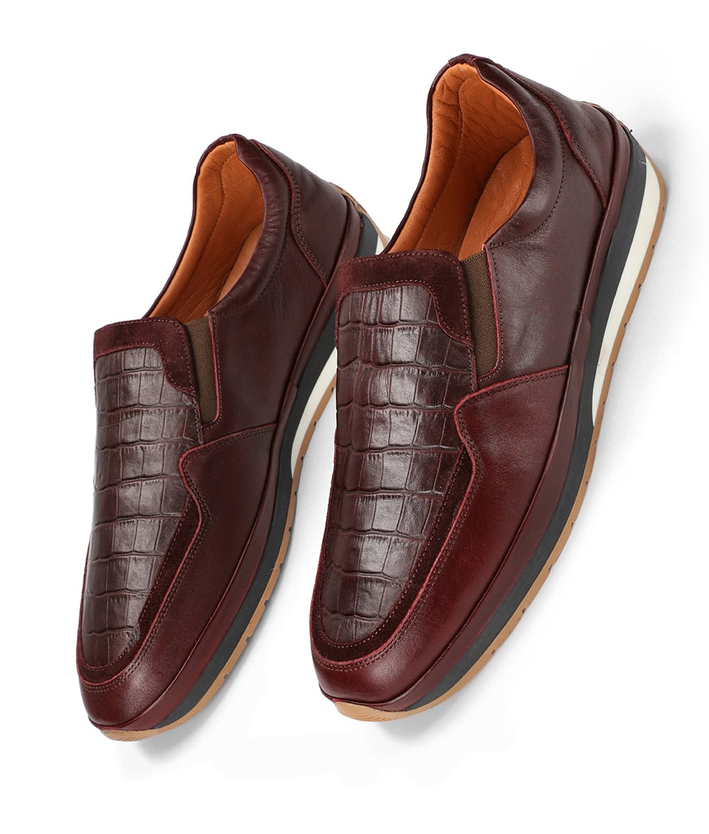 Men's Burgundy Leather Crocodile Style Casual Slip-on Loafers